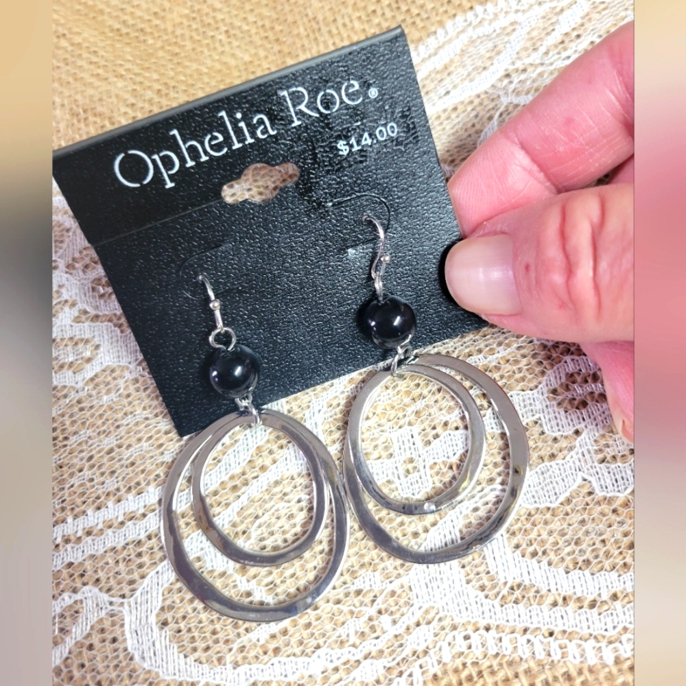 Ophelia Roe pierced wire dangle earrings silver tone metal-black